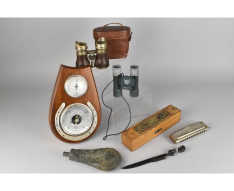 A Collection of Various Sundries to Comprise Barometer, 19th Century Gun Powder Flask (AF), Early 20th Century Opera Glasses 