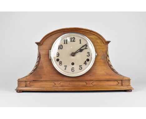 A Mid 20th Century Mahogany Cased Westminster Chime Mantel Clock with Carved Decoration, 42cms Wide 