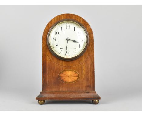 An Edwardian Mahogany Cased Arched Top Mantel Clock with French Movement in Working Order, Shell Inlay, 22cms High 