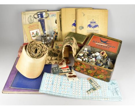 A Collection of Various Vintage Sundries to Comprise Books, Coronation Souvenir Book, Blue Bird Tin Containing Quantity of Bu