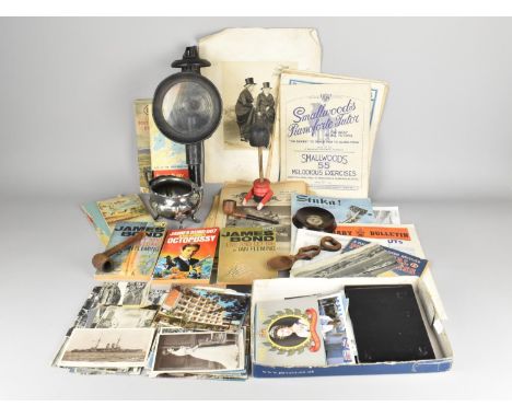 A Collection of Various Vintage Printed Ephemera to Include Maps, Postcards, James Bond Paperbacks etc Together with a Carria