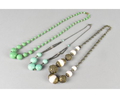 A Collection of Three Early 20th Century Glass Bead Necklaces to include Jade Glass Examples 