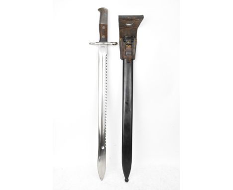 A Swiss 1914 sawback bayonet, by Elsener Schwyz, length of blade 48cm, complete with steel scabbard and brown leather frog, f