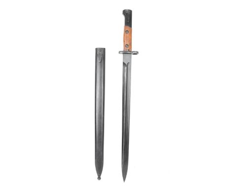 A British 1907 pattern bayonet, with scabbard, standard slab wooden grips, secured by two screw, plus a release catch button 
