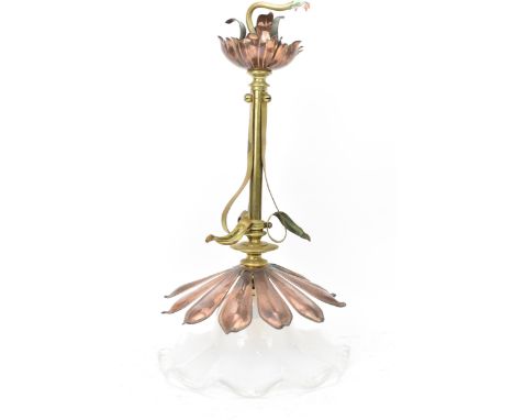 Attributed to William Arthur Smith (W.A.S) Benson (1854-1924) - An Arts &amp; Crafts brass and copper hanging light, having c