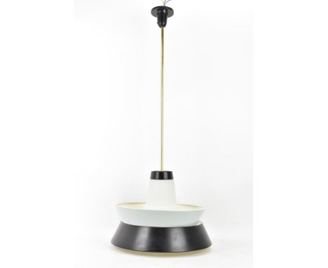 A 1960s retro hanging pendant light, designed by Louis Kalff for Philips, with enamelled shades and brass suspension rod, 77c