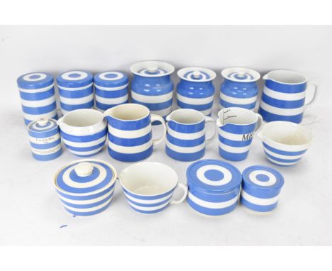 A collection of mid/late 20th century T.G Green Cornish ware blue and white kitchen items to include ten storage jars and six