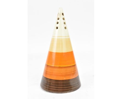 An Art Deco Clarice Cliff Bizarre conical sugar shaker, hand painted with beige, orange and brown banding, printed marks to t