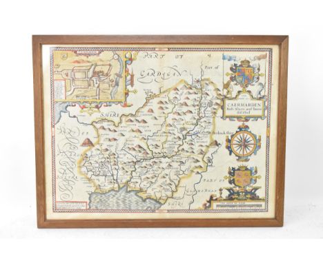 A John Speed 17th century coloured copper engraved map, circa 1610 - entitled in cartouche 'Caermarden, Both Shyre and Town d