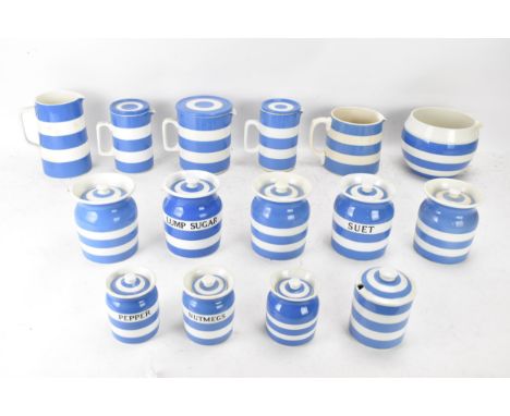 A collection of mid/late 20th century T.G Green Cornish ware blue and white kitchen items to include nine storage jars and si