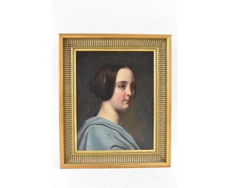 A 19th century oil on canvas portrait depicting a young lady, 22cm x 28.5cm, in a later gilt painted moulded framed 