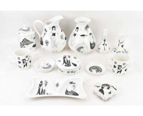 A collection of Poole The Beardsley collection ceramics to include mugs, water jug, baluster vase, spill vase, candlestick, h