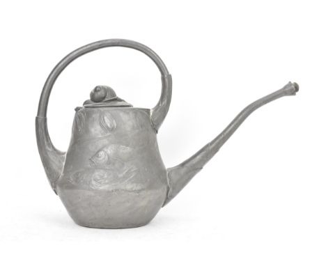 Hugo Leven for Kayserzinn, a Jugendstil Art Nouveau pewter watering can, number 4205, circa 1900, baluster form, relief mould