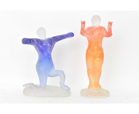 Two Murano coloured frosted glass figures to include one of a nude female 18cm high x 7.5cm wide, the other of a man in a kne