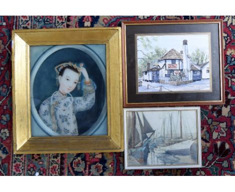 A late 19th century portrait of a Chinese girl painted on glass with a gilt frame 29 x 24cm; together with two small watercol
