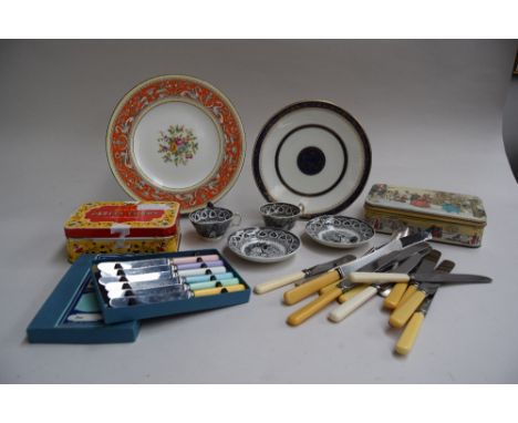 Two early Wedgwood plates, cup and saucers and vintage flatware
