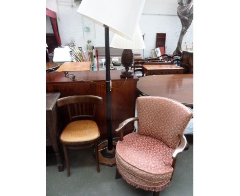 A small armchair upholstered in red fabric, a kitchen chair and an Art Deco standard lamp with octagonal base and shade (3)