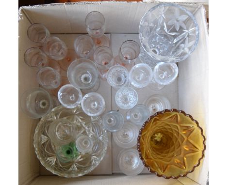 A box of glassware to include whisky tumblers, champagne flutes and a cut glass decanter