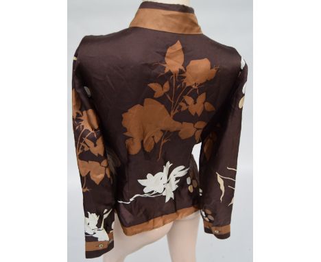 Brown silk 1980s shirt from English Eccentrics, pattern of leaves and flowers in cream, cafe-au-lait and light brown silhouet