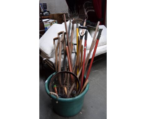 A plastic trug of garden tools