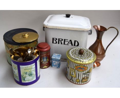 A quantity of flatware, vintage tins and an enamel bread bin