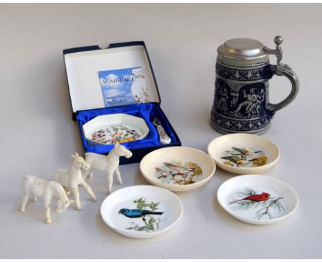 Four pin dishes depicting birds, two Guild Crafts (Poole) Ltd and two Crown Staffordshire, three continental porcelain figuri