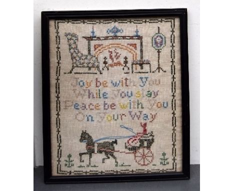 A small sampler 'Joy Be With You While You Stay, Peace Be With You On Your Way' 30 x 24cm and a 19th century print of a mothe