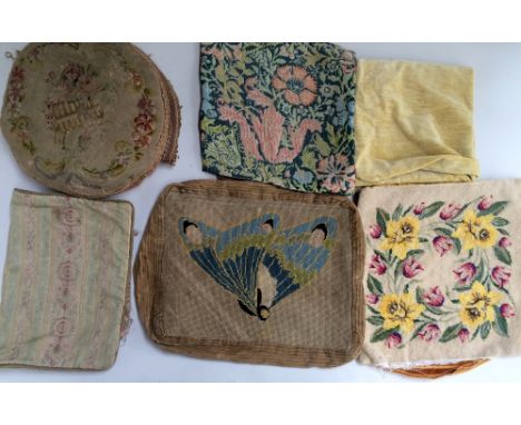 Collection of old tapestry cushion covers and one of yellow velvet, one of brocade (6)