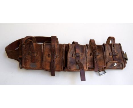 A vintage leather Swedish magazine ammunition belt with five pouches, c.1910, designed for use with Swedish Mauser ammo