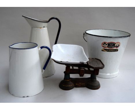 Two large white vintage enamel jugs and bucket together with a set of kitchen scales (4)