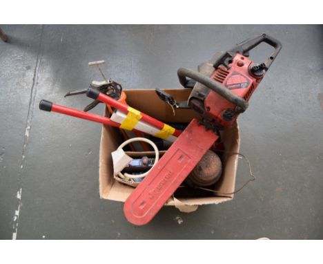 A pair of 22mmOD pipe benders; Camping Gaz single burner stove; Nutool electric saw, brass paraffin lamp; Jonsered Chainsaw;