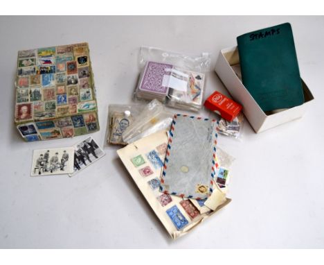 A box of stamps, playing cards, cigarette cards and two The Beatles chewing gum cards, no.s 33 and 47 of 60  from A. B. & C. 