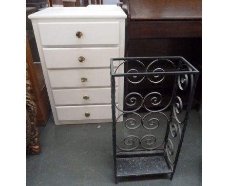 A white painted pine chest of five drawers 76cmH and a wrought iron umbrella/stick stand (2)