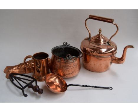 A late 19th century Copper Kettle, the lid with acorn finial, marks to base for Geo. Robbins & Co., Birmingham, the handle ma