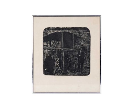 Tom McGuinness(1926-2006)"Miners Entering The Cage"signed and dated 1979, 5/20,etching and aquatint,28 x 27.5cms, in frame.