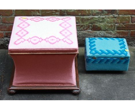 A Victorian pink upholstered dressing stool with hinged lid on bun feet, together with a blue upholstered slippers box.