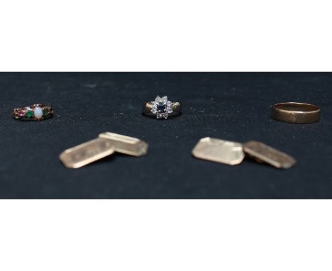 A collection of assorted jewellery including a 9ct gold wedding band, a pair of 9ct cufflinks, a 12ct opal ring and an unmark