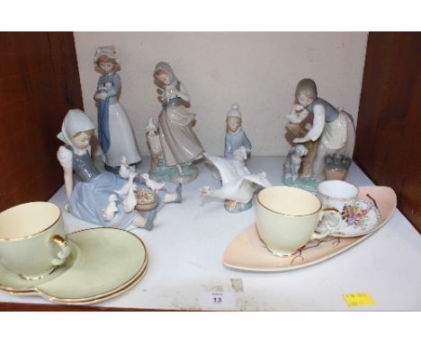 SECTION 13. A collection of five Lladro porcelain figures and one Nao figure, together with a Dresden cup and saucer, two Cro