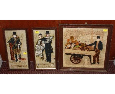 A Maw & Co pictorial ceramic four-tile panel and 2 x two-tile panels, depicting a Gamekeeper, Fruit & Veg vendor and newspape
