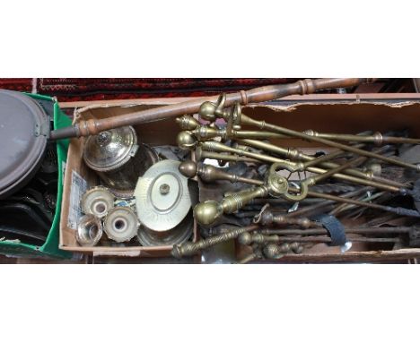 A large collection of brassware and plated items, including fireside tools, warming pan and two boxes of plate.