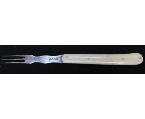 An unusual William IV silver and ivory folding fork, hallmarked London 1834, makers mark Mary Chawner.