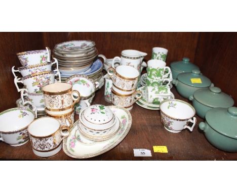 SECTION 35. A collection of assorted china ware including teasets by Coalport and Spode and three Denby Manor Green pots.