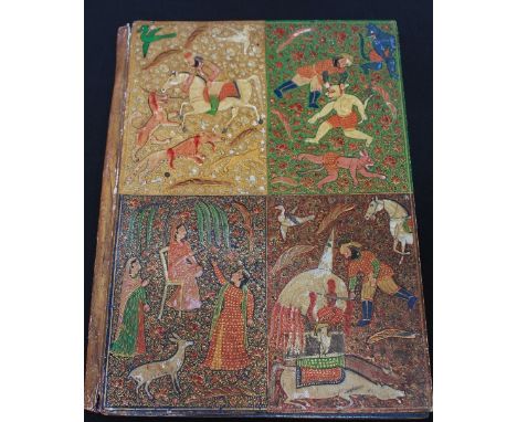 A 19th century Indo Persian Moghul lacquer folio cover, each side quartered and decorated with a graphic hunting scene depict