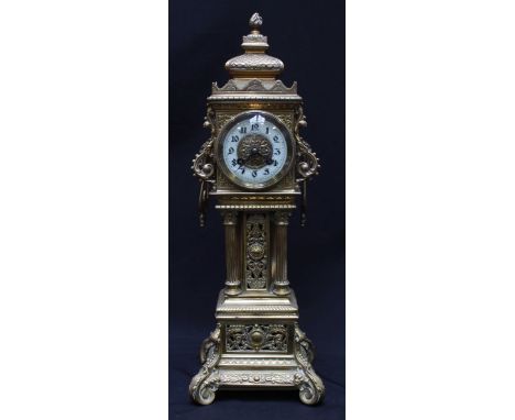 A large Victorian French brass miniature longcase clock, the ornate brass case with pagoda finial and lion mask handles, with