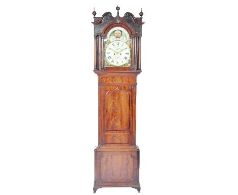 A 19th Century Victorian mahogany cased longcase grandfather clock. The enamel face having painted pictorial corners with Rom