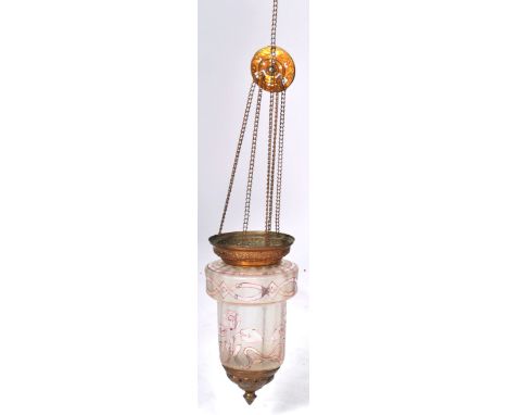 A 19th Century gilt brass and glass hanging porch lantern / ceiling light comprising a frosted glass shade with hand painted 