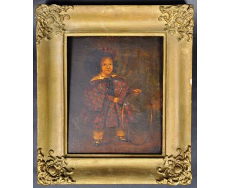 A mid 19th Century Victorian oil on board juvenile portrait painting depicting a young child in period red checkered attire p