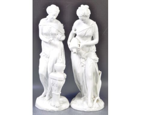 A pair of early 20th Century porcelain ceramic blanc de chine figures of two neoclassical ladies. One lady shown pouring a wa