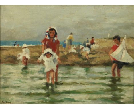 DUPUY, J.M.J., signed l.l.,children playing on the beach,  marouflé 30 x 40 cm.DUPUY, J.M.J., ges. l.o.,  spelende kinderen a