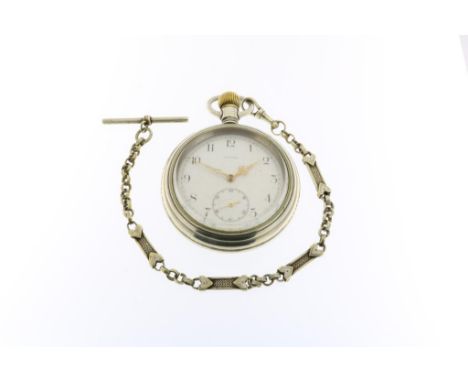 Steel Omega pocket watch with gilded chain, manual winding, case  nr 4270138, ca. 1912. Chips on white enamel dial. Screw on 